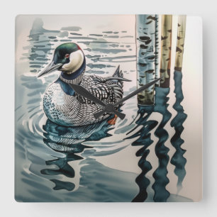Elegant Loon on the Lake Square Wall Clock