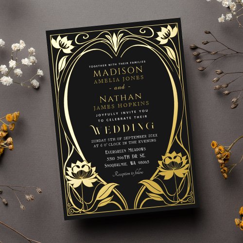 Elegant Lotus Art Nouveau Wedding Foil Invitation