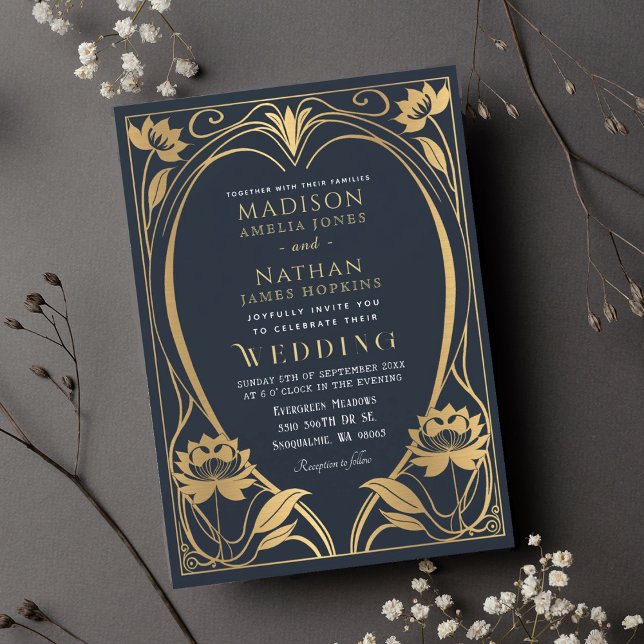 Elegant Lotus Art Nouveau Wedding Invitation (Creator Uploaded)