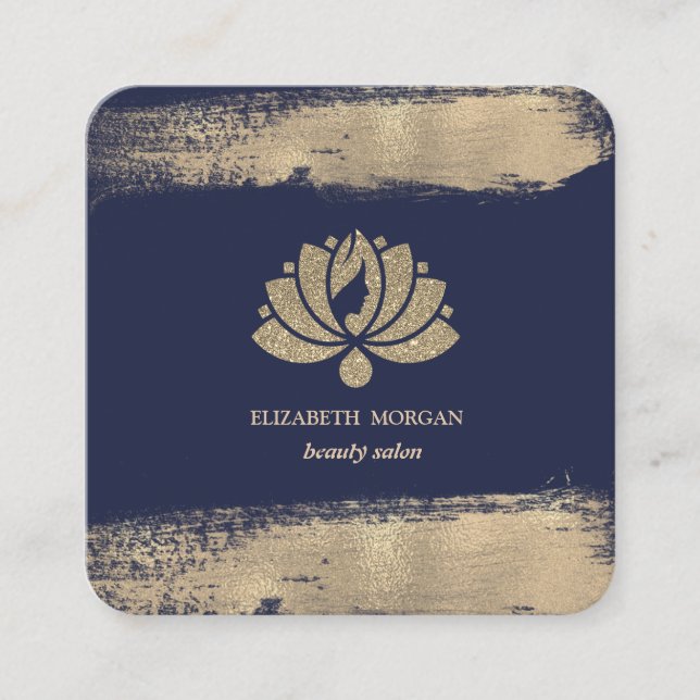 Elegant Lotus Faux Gold Brush Stroke Beauty Salon Square Business Card (Front)