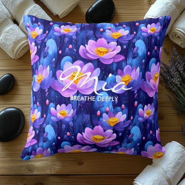 Elegant Lotus Floral Pattern in Blue and Violet Throw Pillow (Creator Uploaded)
