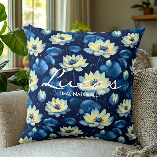 Elegant Lotus Floral Pattern in Deep Blue Tones Throw Pillow (Creator Uploaded)