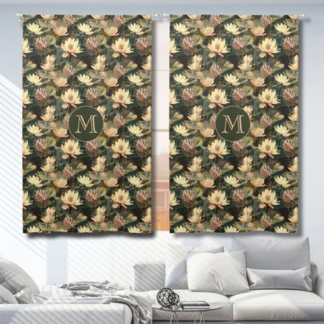 Elegant Lotus Floral Seamless Pattern Monogram Blackout Curtains (Creator Uploaded)