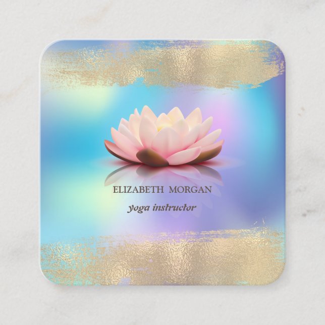 Elegant Lotus Flower Faux Gold Brush Stroke Square Business Card (Front)