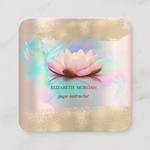 Elegant Lotus Flower Gold Brush Stroke Holographic Square Business Card