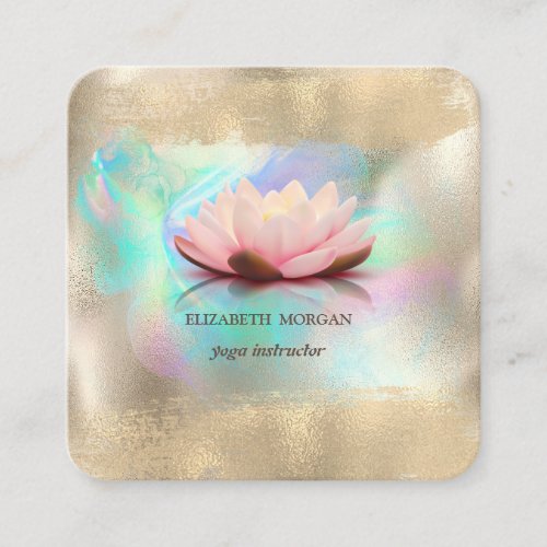 Elegant Lotus Flower Gold Brush Stroke Holographic Square Business Card