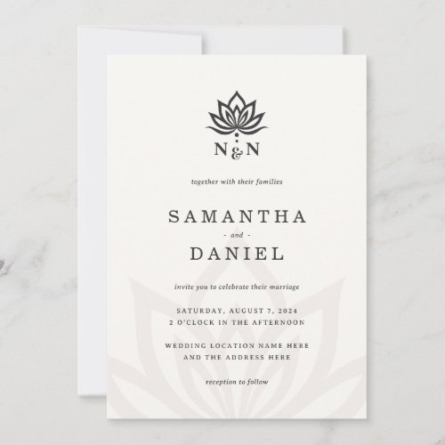 Elegant lotus flower monogram light neutral ivory invitation