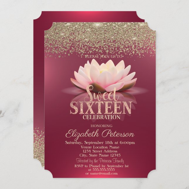 Elegant Lotus Gold Confetti Diamonds Red Sweet 16 Invitation (Front/Back)