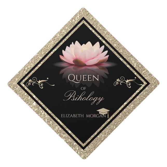 Elegant Lotus Gold Glitter Graduation Cap (Front)