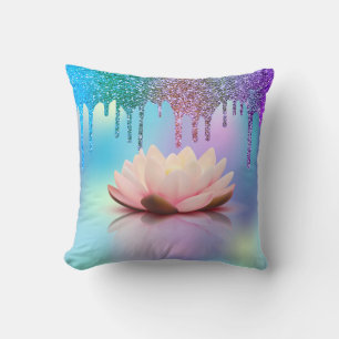 Elegant Lotus Holographic Glitter Drips Throw Pillow