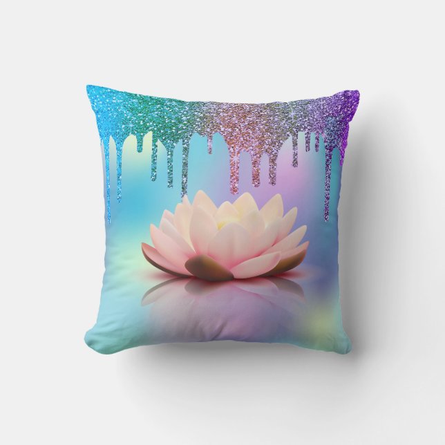 Elegant Lotus Holographic Glitter Drips Throw Pillow (Front)