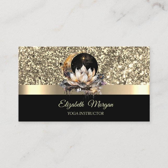 Elegant Lotus Moon Celestial Gold Yoga Instructor Business Card (Front)