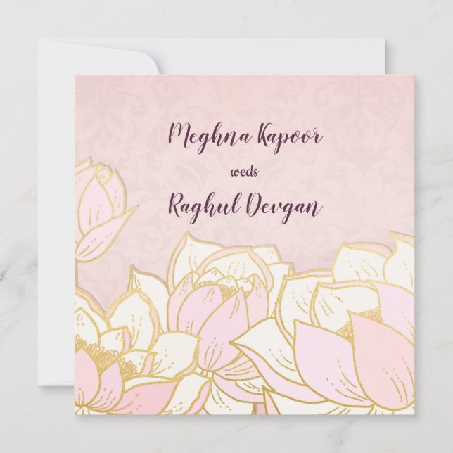 Elegant Lotus Pink Indian Damask Wedding Invitation (Front)
