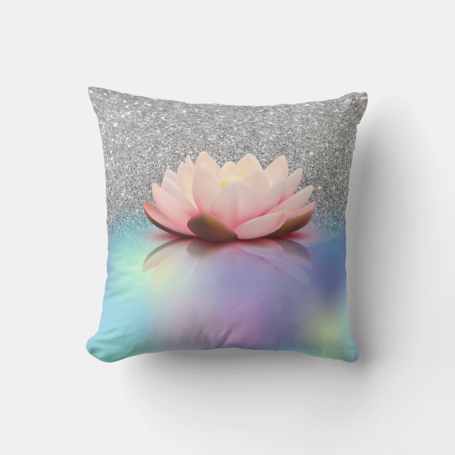 Elegant Lotus Silver Glitter Bokeh Holographic Throw Pillow (Front)