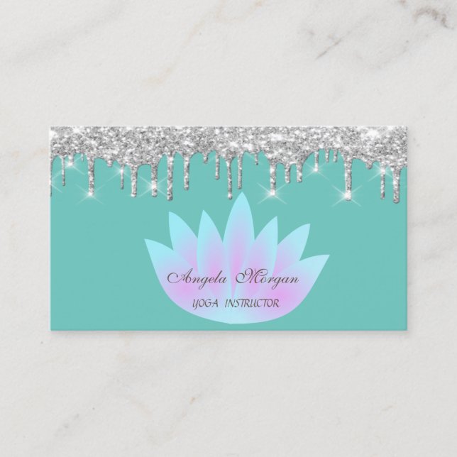 Elegant Lotus Silver Glitter Drips Mint Green Business Card (Front)