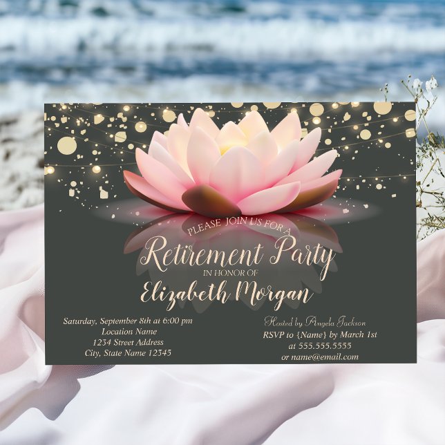 Elegant Lotus String Lights Dots Retirement Party Invitation (Creator Uploaded)