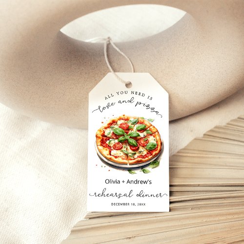 Elegant Love and Pizza Rehearsal Dinner Gift Tags