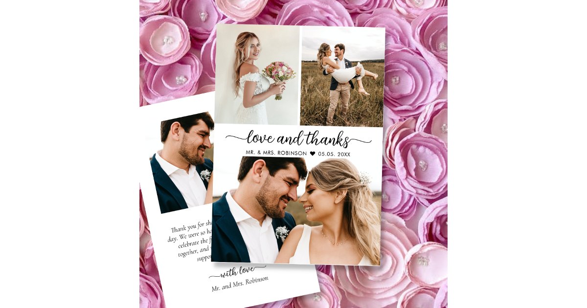 Elegant Love and Thanks 3 Photo Collage Wedding Thank You Card | Zazzle