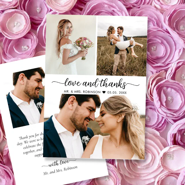 Elegant Love and Thanks 3 Photo Collage Wedding Thank You Card | Zazzle