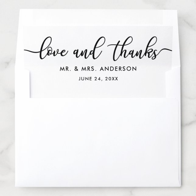 Elegant Love and Thanks Black Script Wedding Envelope Liner (In Envelope)