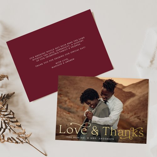 Elegant Love and Thanks Burgundy Photo Wedding Foil Invitation