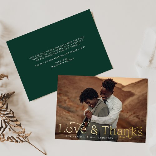 Elegant Love and Thanks Green Photo Wedding Foil Invitation