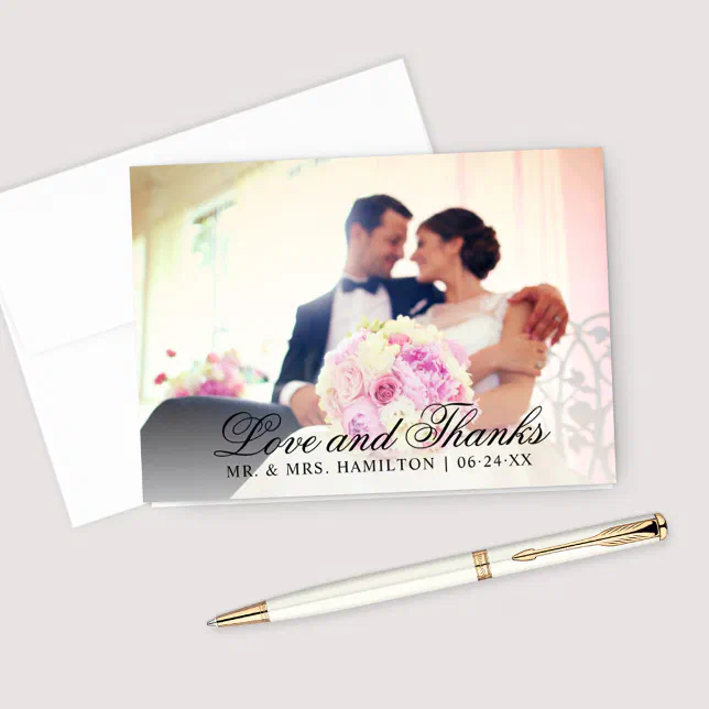 Elegant Love and Thanks Heart Script Wedding Thank You Card | Zazzle