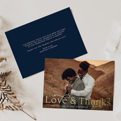 Elegant Love and Thanks Navy Photo Wedding Foil Invitation