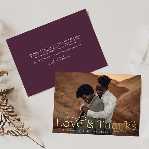 Elegant Love and Thanks Purple Photo Wedding Foil Invitation