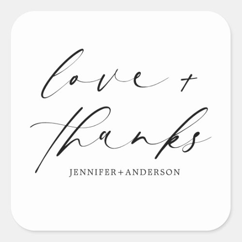 Elegant Love and Thanks Script Black White Wedding Square Sticker