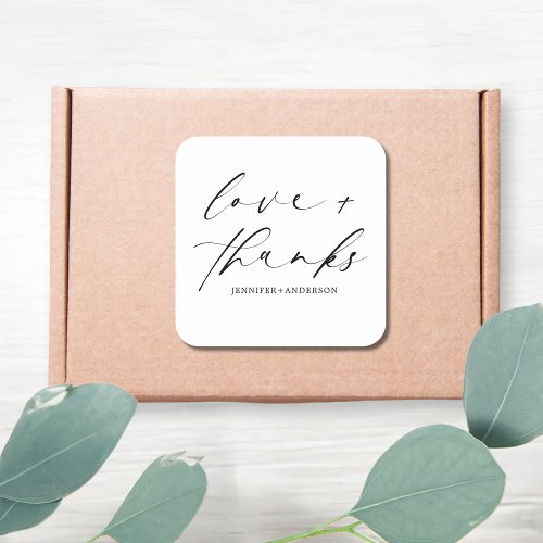 Elegant Love and Thanks Script Black White Wedding Square Sticker