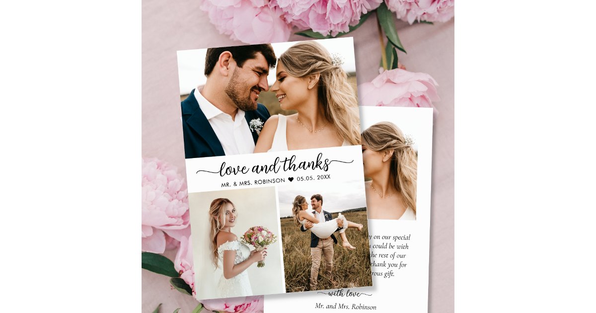 Elegant Love and Thanks Script Collage Wedding Thank You Card | Zazzle