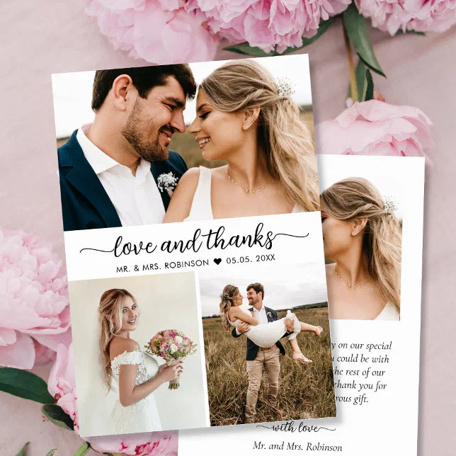 Elegant Love and Thanks Script Collage Wedding Thank You Card | Zazzle