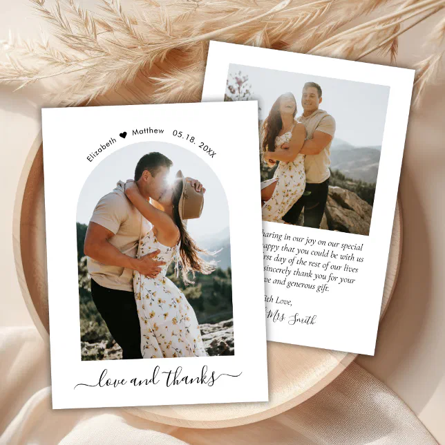 Elegant Love and Thanks Script Photo Arch Wedding Thank You Card | Zazzle