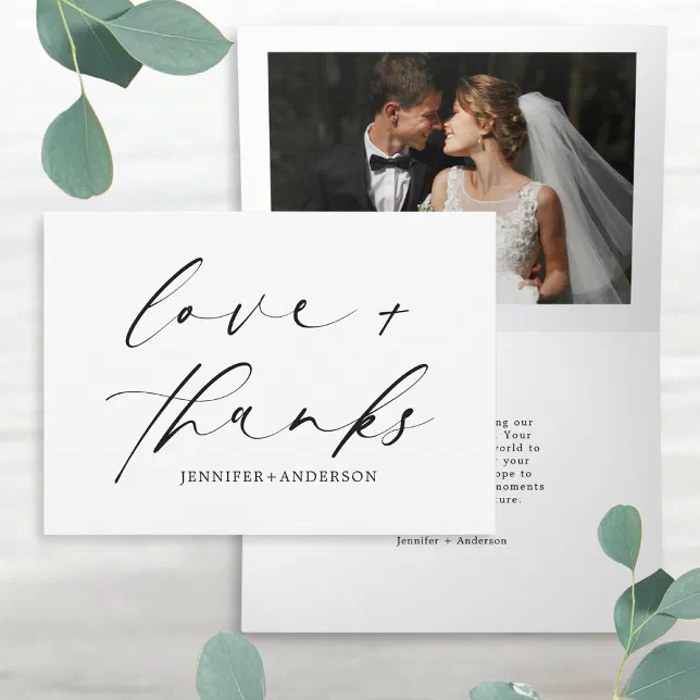 Elegant Love and Thanks Script Photo Wedding Thank You Card | Zazzle