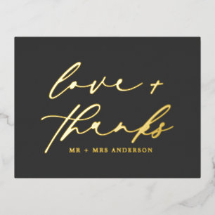 Elegant Love and Thanks Script Wedding Black Gold Foil Holiday Postcard