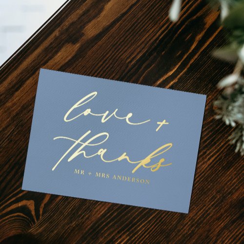 Elegant Love and Thanks Script Wedding Dusty Blue Foil Holiday Postcard