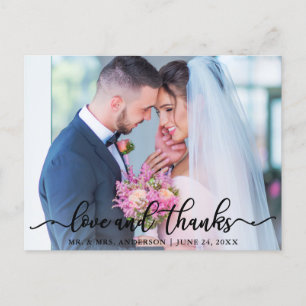 Elegant Love and Thanks Script Wedding Photo Blk Postcard
