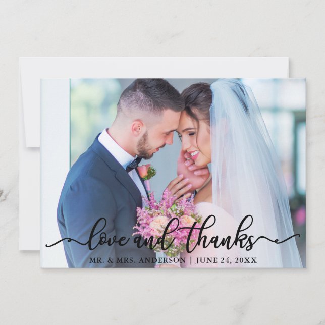 Elegant Love and Thanks Script Wedding Photo Blk Thank You Card (Front)