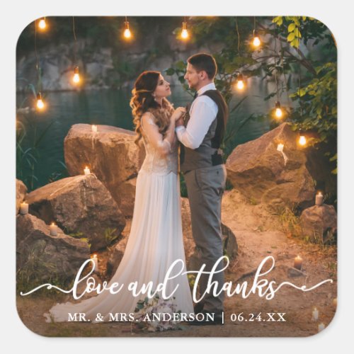 Elegant Love and Thanks Script  Wedding Photo Square Sticker