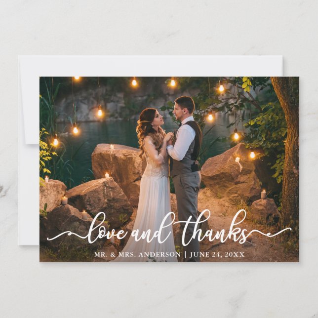 Elegant Love and Thanks Script | Wedding Photo Thank You Card (Front)