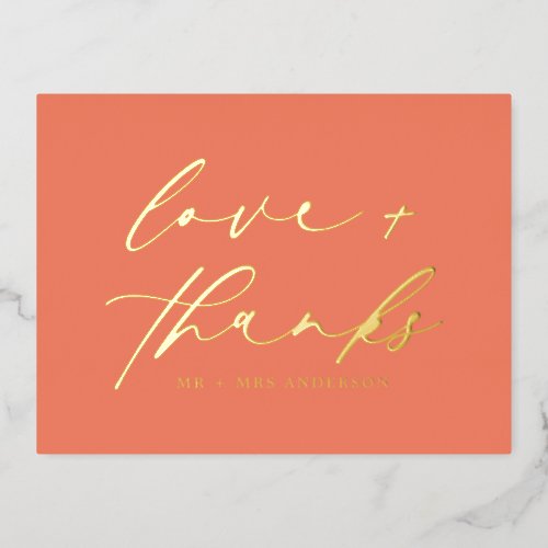 Elegant Love and Thanks Script Wedding Terracotta  Foil Holiday Postcard