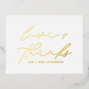 Elegant Love and Thanks Script Wedding White Gold  Foil Holiday Postcard