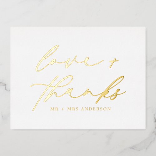 Elegant Love and Thanks Script Wedding White Gold  Foil Holiday Postcard
