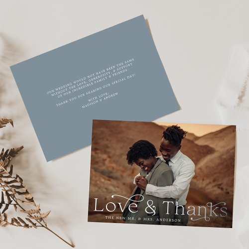 Elegant Love and Thanks Slate Blue Photo Wedding Foil Invitation