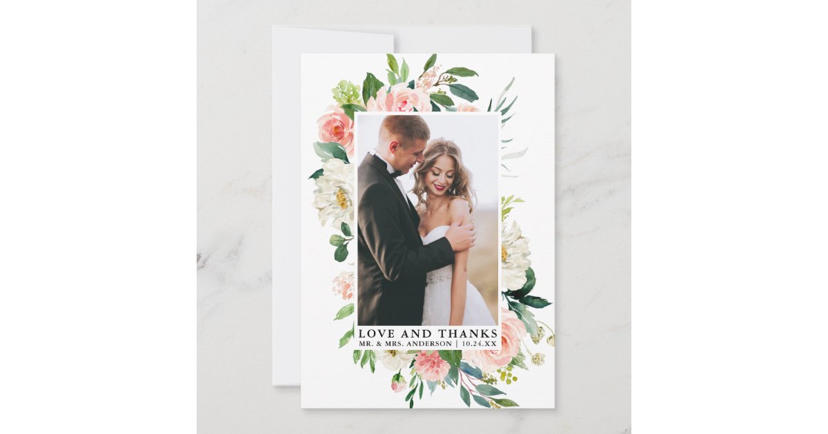 Elegant Love and Thanks Watercolor Pink Floral Thank You Card | Zazzle