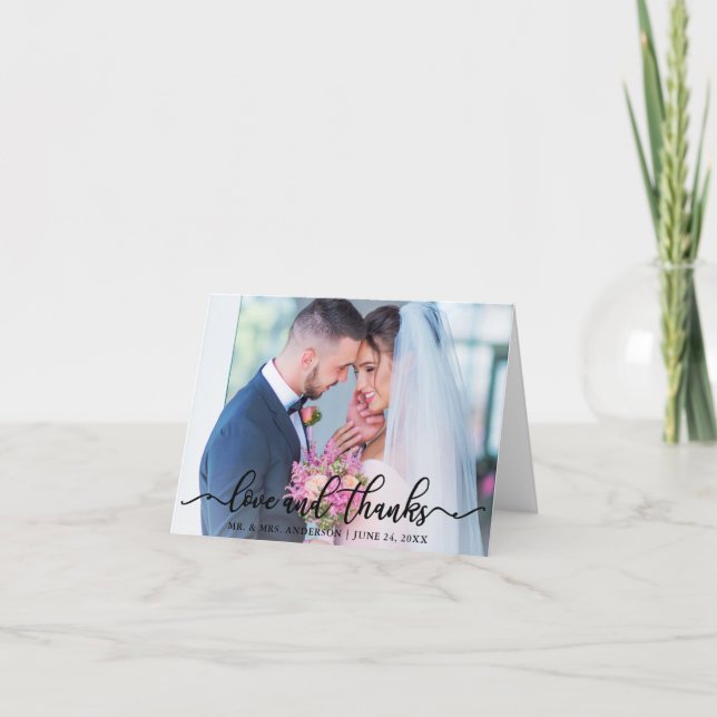 Elegant Love and Thanks Wedding Photo Blk Note Thank You Card (Front)