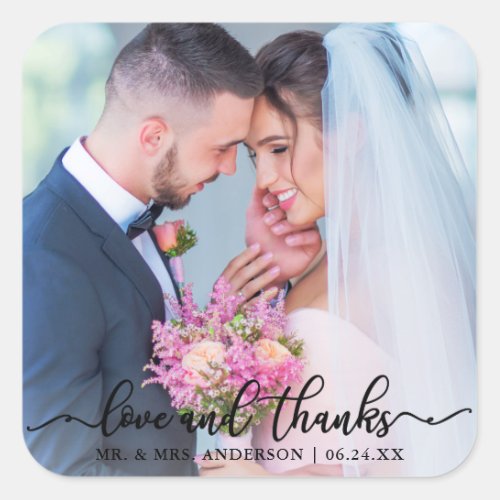 Elegant Love and Thanks Wedding Photo Blk Square Sticker