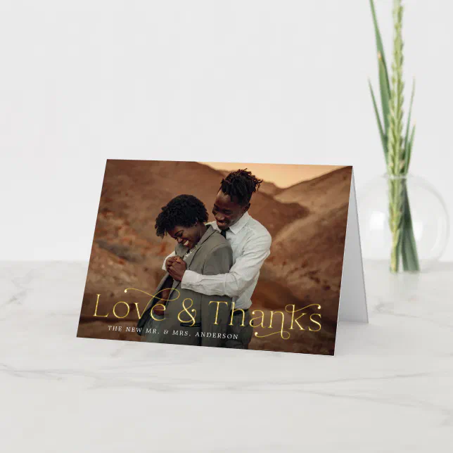 Elegant Love and Thanks Wedding Photo Thank You Foil Greeting Card | Zazzle