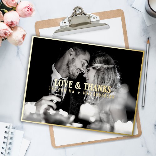 Elegant Love and Thanks Wedding Photo Thank You  Foil Holiday Postcard